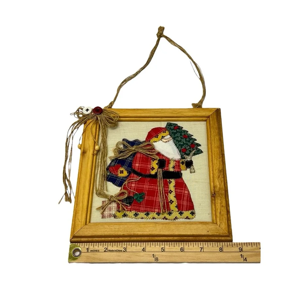 2 Vintage Framed Patchwork Santa Wall Hanging Christmas Holiday Snowman Decor